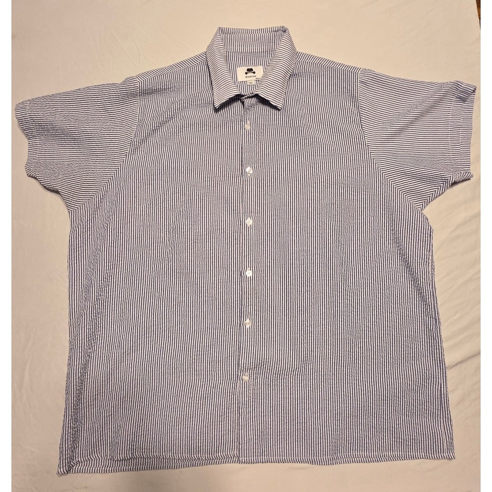 Winston Men's 2XL Blue White Seersucker Striped Button Front Short Sleeve Shirt